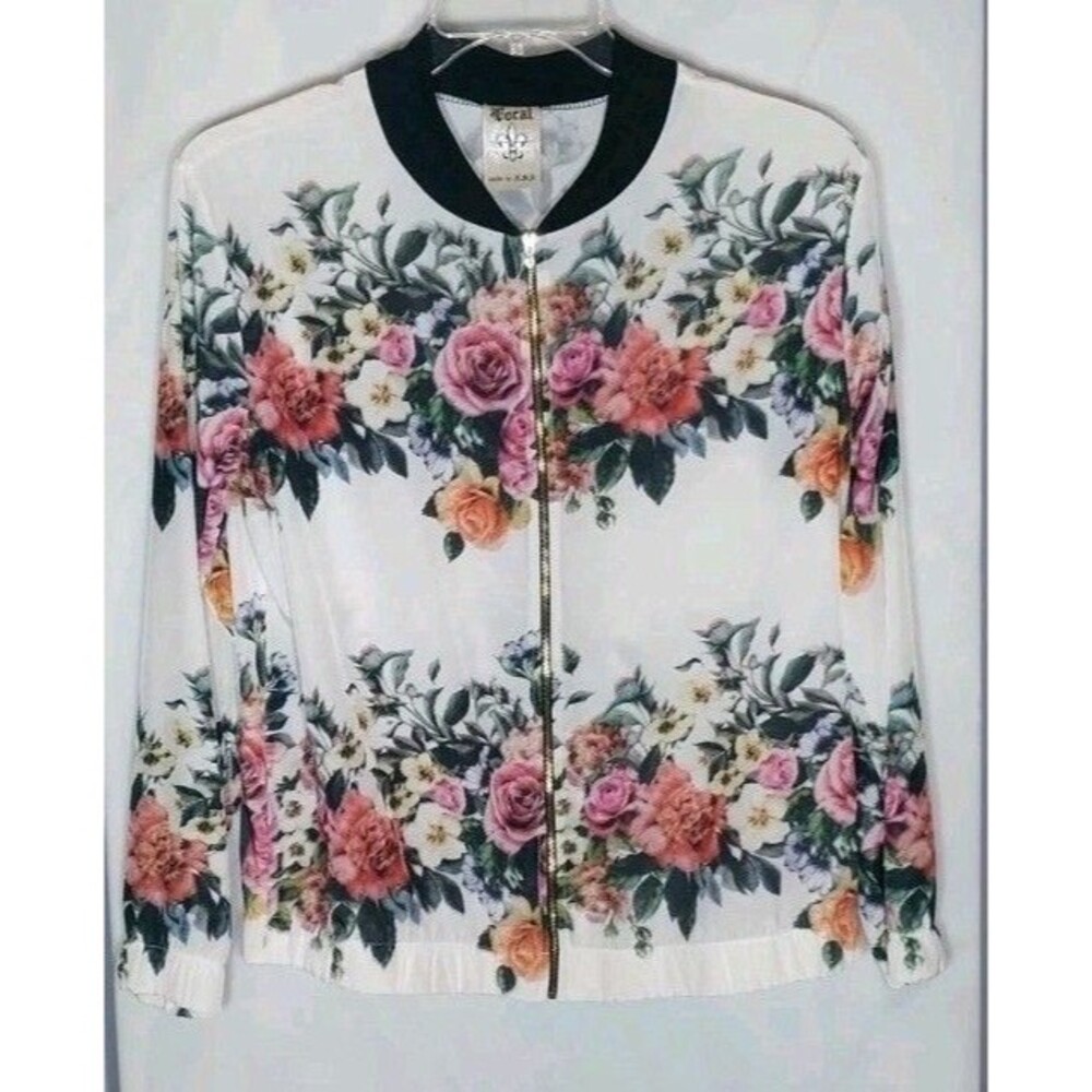Vocal Floral Bomber Jacket Women’s L White Full Zip Rose Print Cottagecore